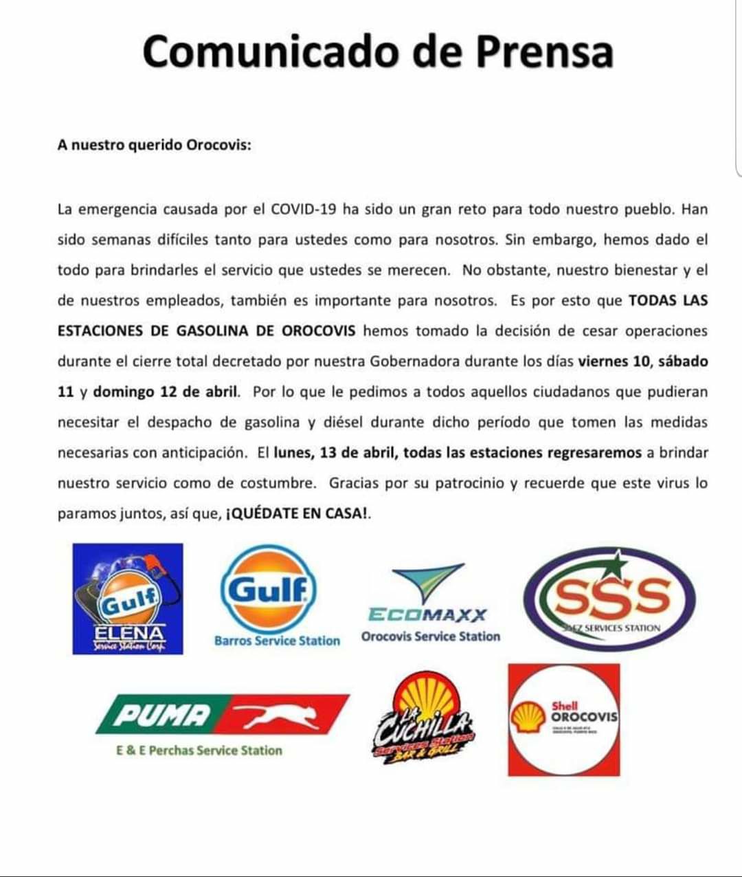Gasolina - comunicado de prensa - cerrados - abril 7 2020